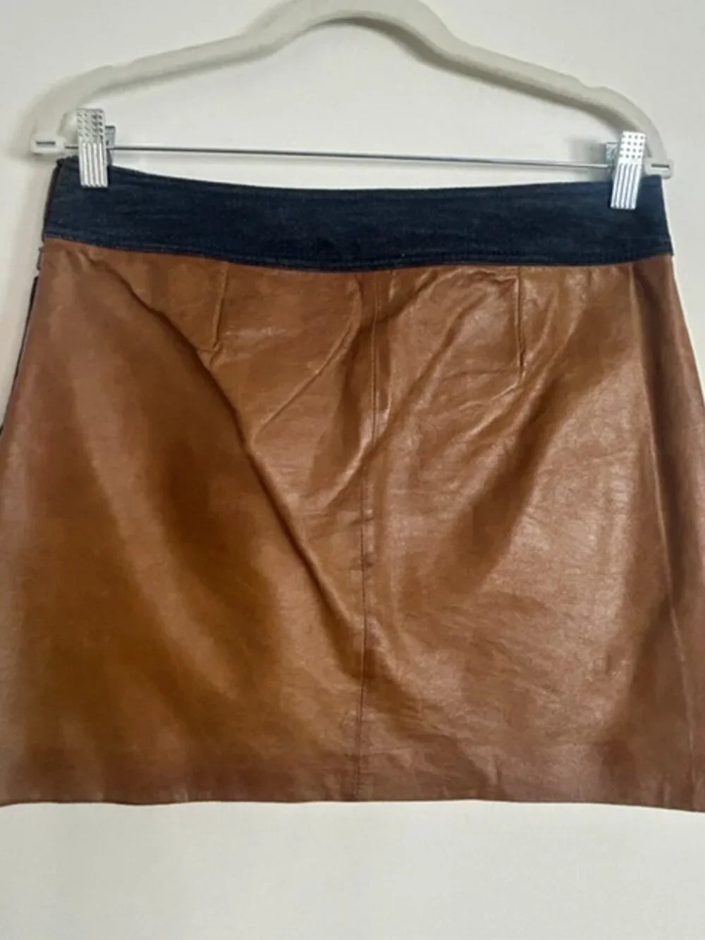 Michael Kors Genuine Leather and Denim Lined Pocket Side Zip Cargo Mini Skirt